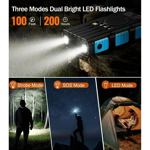 JIUMESS 45800mAh Solar Power Bank 15W with Hand Crank & Cables & Wireless Charger, Solar Charger Compatible for iPhone & Android Phone