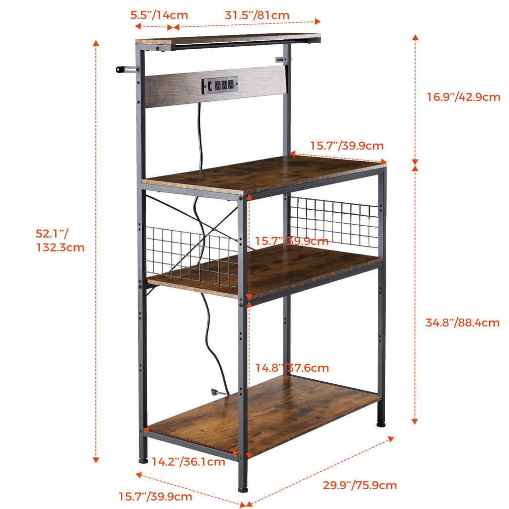 VANECL Kitchen Baker’s Rack with Built-In Power Outlet, Adjustable Open Storage Shelves Wood & Metal Coffee Bar Station