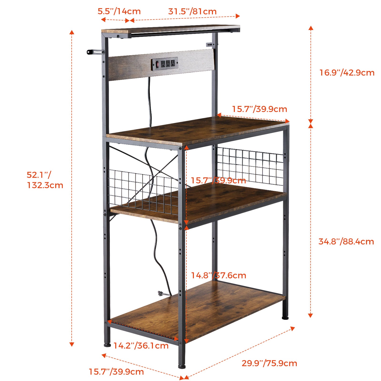 VANECL Kitchen Baker’s Rack with Built-In Power Outlet, Adjustable Open Storage Shelves Wood & Metal Coffee Bar Station