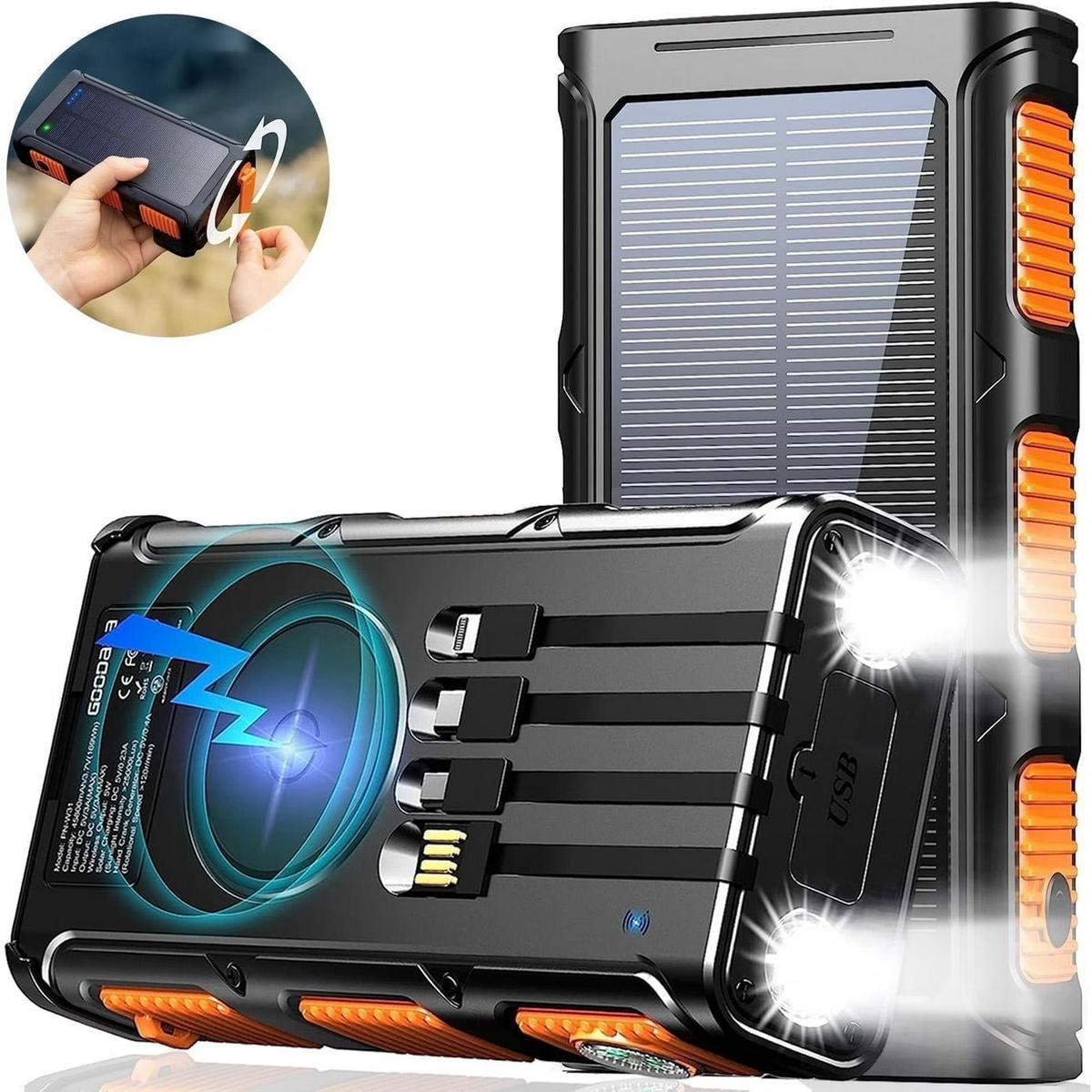 JIUMESS 45800mAh Solar Power Bank 15W with Hand Crank & Cables & Wireless Charger, Solar Charger Compatible for iPhone & Android Phone