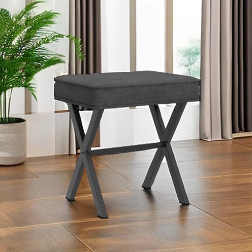 VANECL Square Linen Ottoman Stool with X-Shaped Metal Legs, 18 Inch Height Padded Foot Stool for Narrow Spaces