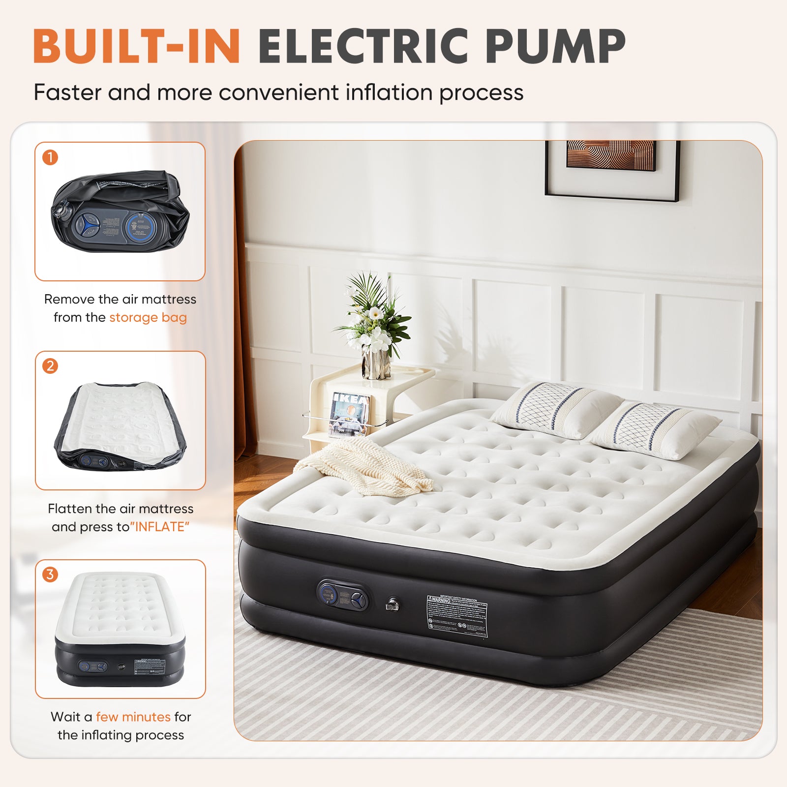 VANECL 16 Inch Twin Air Mattress with Built-in High Capacity Pump, Raised Double Height Inflatable Airbed, Adjustable Blow Up Mattress with Non-Slip B0ttom for Home Camping Travel