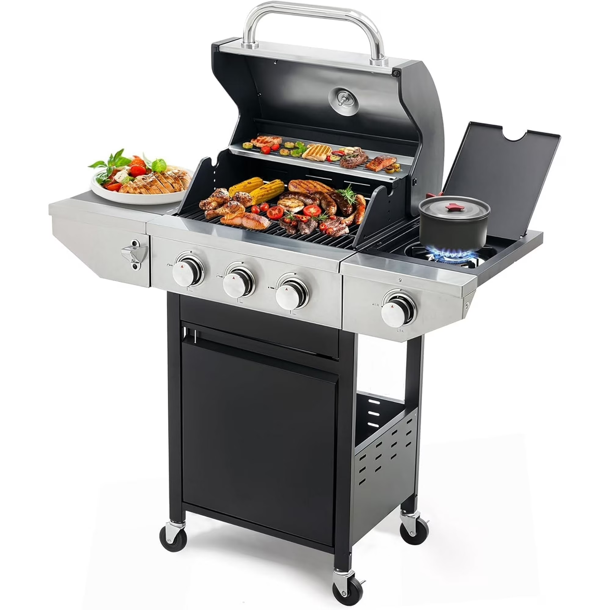 Aminy 3 Burner BBQ Propane Gas Grill with Side Burner, Outdoor Stainless Steel 37230 BTU Patio Garden BBQ Grill with Lid, Wheels for Camping, Outdoor Cooking