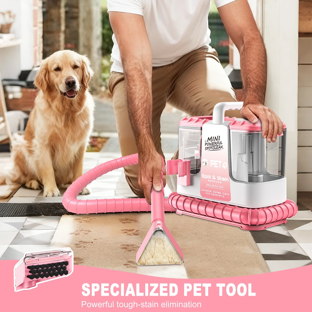 SUXIANGVAC Portable Carpet and Upholstery Spot Cleaner Machine, 20Kpa Powerful Suction with 5 Cleaning Tools, 17oz Cleaning Solution, Lightweight Compact Design, Deep Clean for Car, Home, Pink