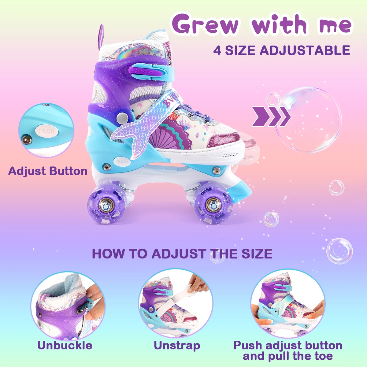 Bvivok Roller Skates for Girls Size (M: 2Y-5.5Y), 4 Sizes Adjustable, with Light up Wheels (Purple)