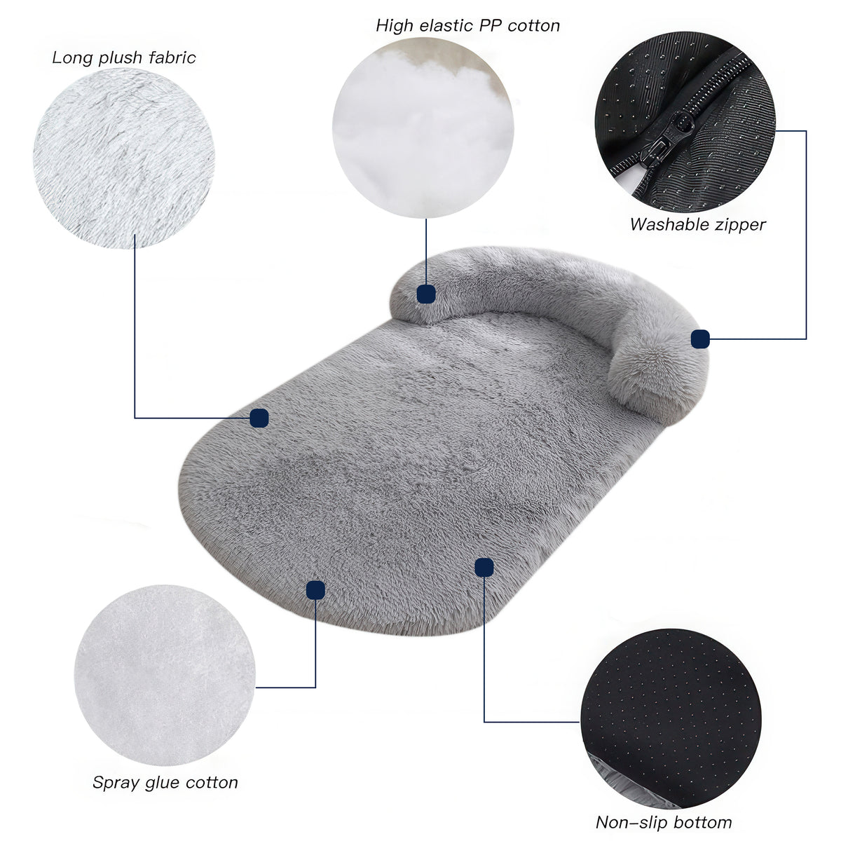 Calming Dog Bed for Large Dog,Washable Cozy Soft Plush Pet Bed with Pillow,41"x30"x5.9" (Light Grey)