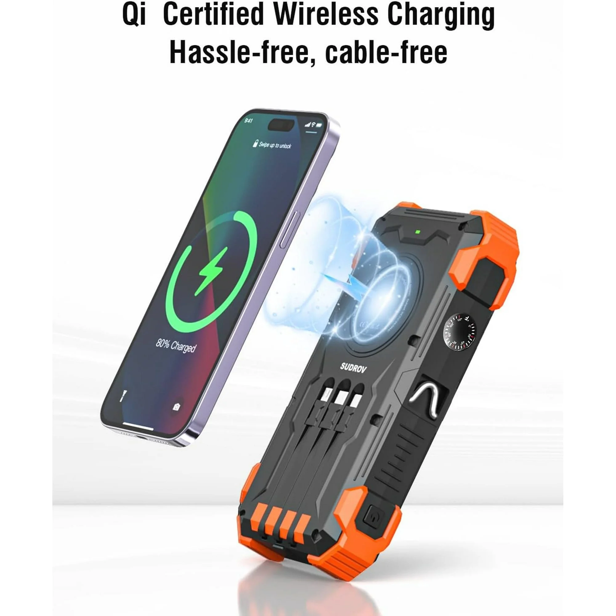 JIUMESS 42800mAh Solar Charger Power Bank with 4 Cables, 15W Fast Charging Portable Charger for Cell Phone, Wireless Charger Solar Battery Pack with Dual Flashlights, Carabiner