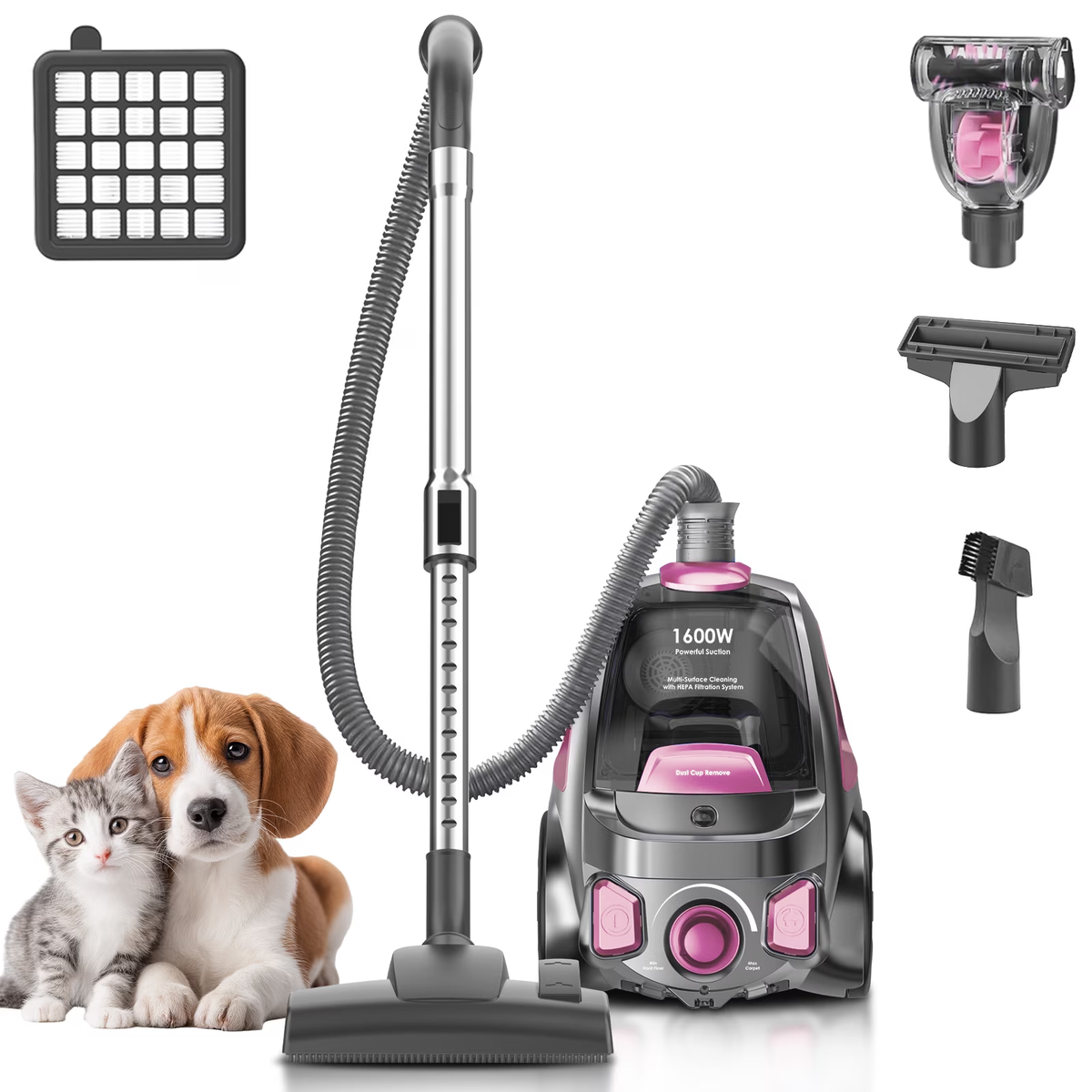 SUXIANGVAC Canister Vacuum Cleaner, 32Kpa 1600W Bagless Vacuum Cleaner, Dust Full Indicator, H13 HEPA Filter, 3.7Qt Large Capacity, Lightweight Vac for Hard Floors, Carpet, Pet, Upholstery, Pink