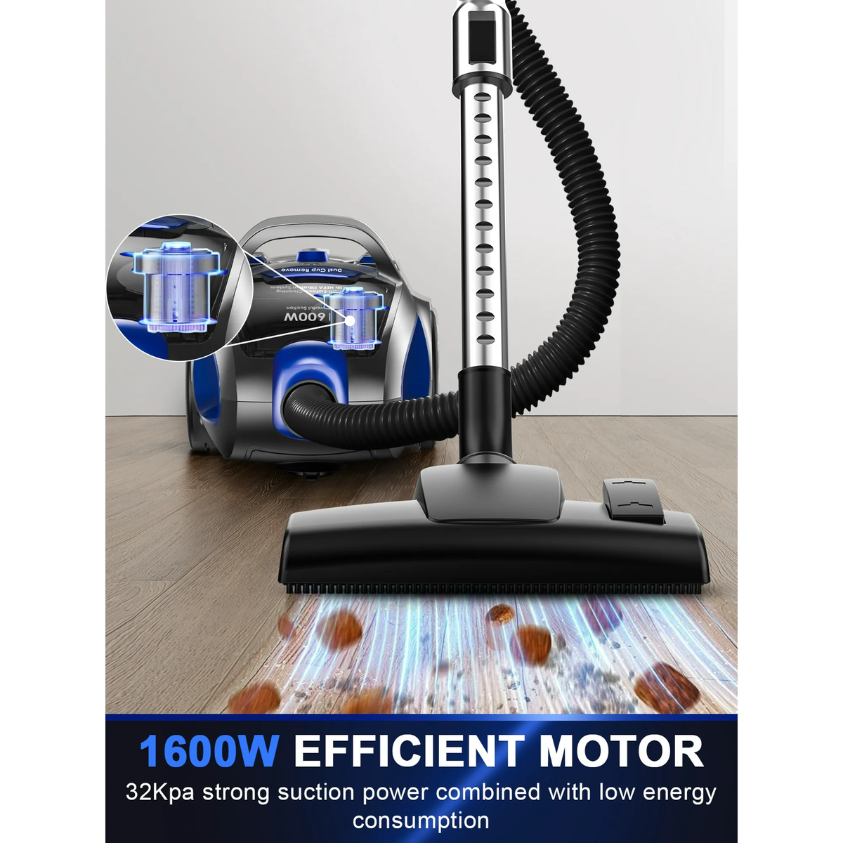 SUXIANGVAC Canister Vacuum Cleaner, 32Kpa 1600W Bagless Vacuum Cleaner, Dust Full Indicator, H13 HEPA Filter, 3.7Qt Large Capacity, Lightweight Vac for Hard Floors, Carpet, Pet, Upholstery, Blue
