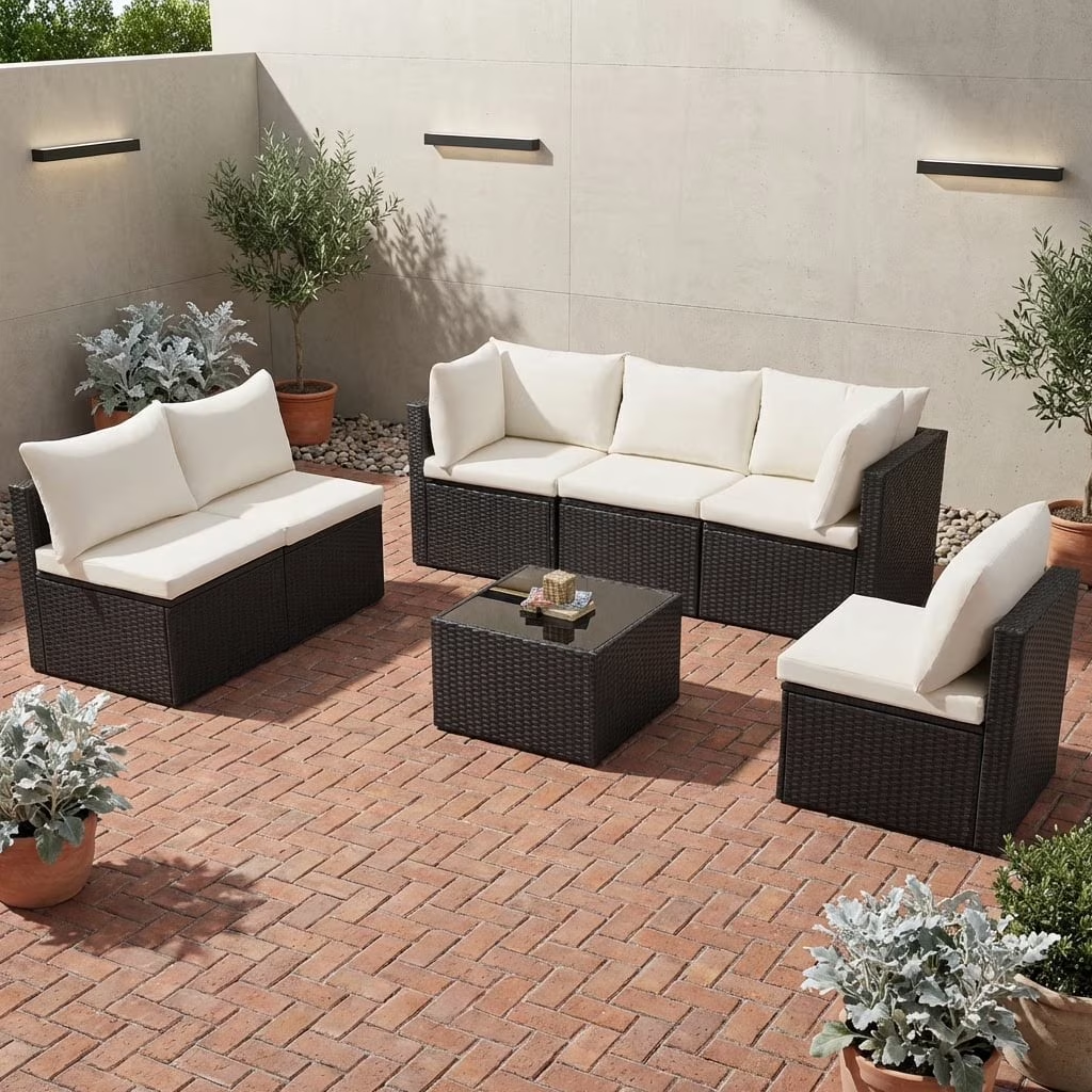 Aminy 7 Pieces Patio Furniture Set, All-Weather Outdoor PE Rattan Sectional Sofa Set with Coffee Table, White