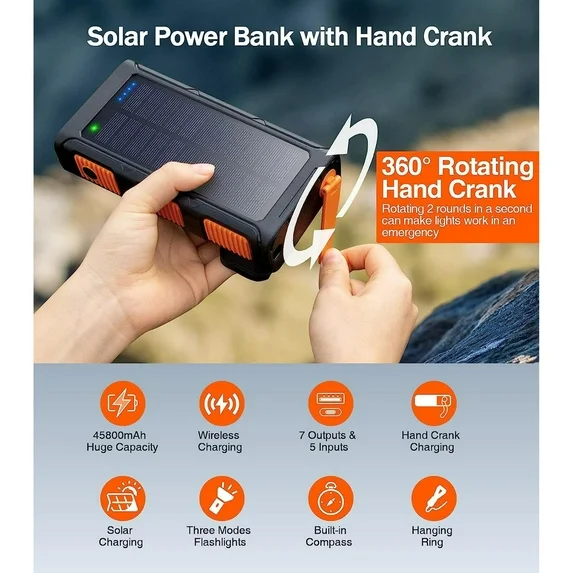 JIUMESS 45800mAh Solar Power Bank 15W with Hand Crank & Cables & Wireless Charger, Solar Charger Compatible for iPhone & Android Phone