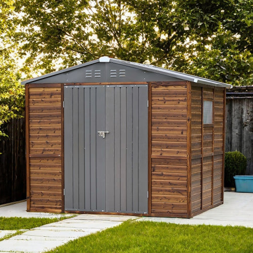 VANECL 6×8 FT Wood & Iron Combination Outdoor Storage Shed, Waterproof Cedar Wood Garden Tool Storage House with Acrylic Windows & Vent Slots, Barn-Style Modular Outdoor Workshop for Backyard Yard