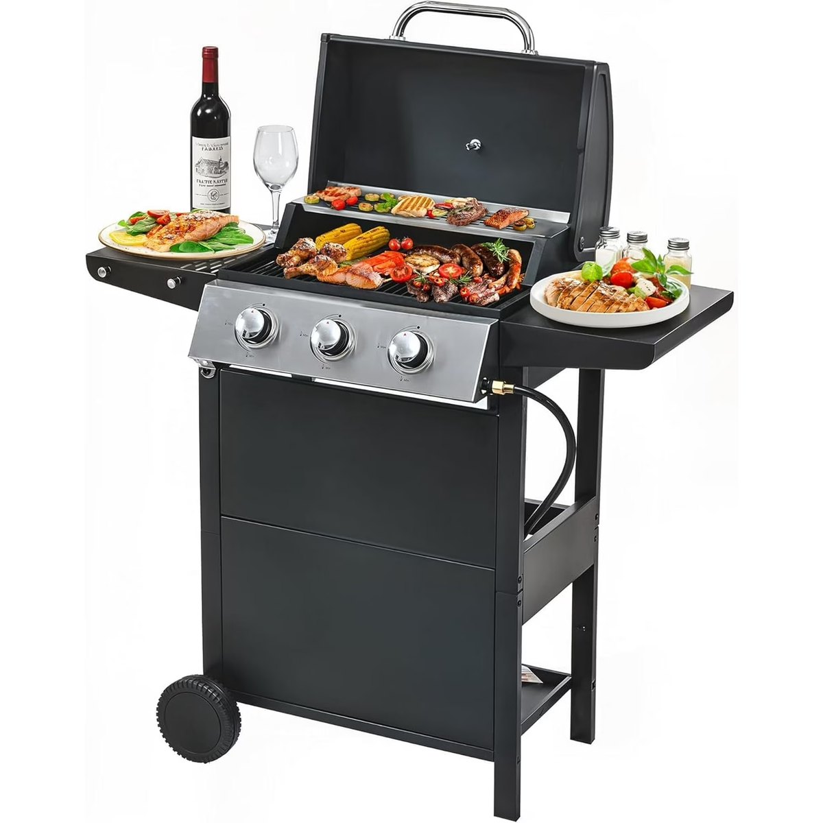 Aminy 3 Burner Grill Propane Gas Grill, Outdoor Stainless Steel 25650 BTU Patio Garden BBQ Grill with Lid, Wheels, RV Camping Barbecue