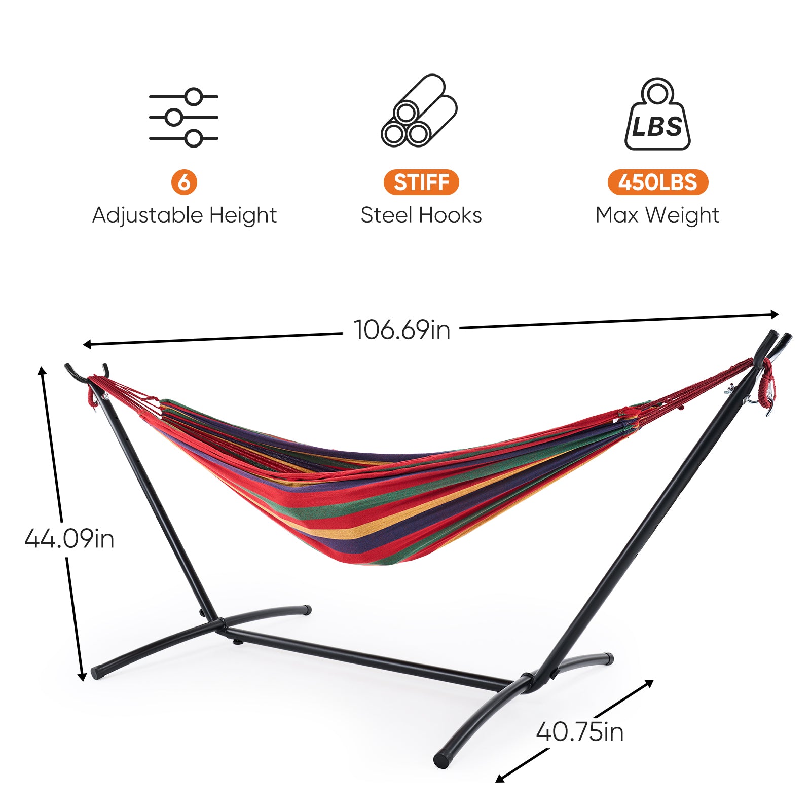 VANECL Double Hammock with Adjustable Steel Stand & Storage Bag, 450 LBS Capacity Poly Cotton 2-Person Portable Hammock for Backyard Camping Indoor Outdoor