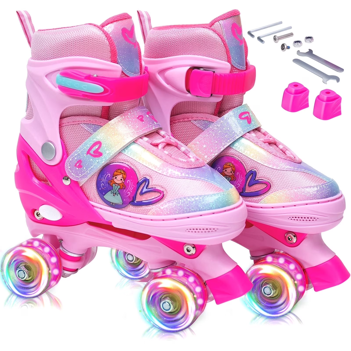 Bvivok Roller Skates for Girls, Size S (12C-1.5Y), Light-Up Wheels, 4 Adjustable Sizes, Beginner Friendly, Princess Pink