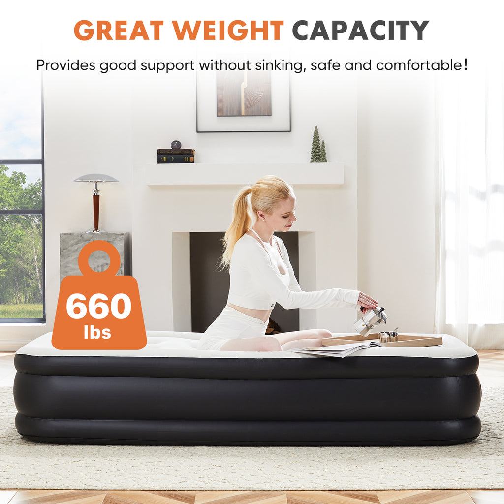 VANECL 16 Inch Twin Air Mattress with Built-in High Capacity Pump, Raised Double Height Inflatable Airbed, Adjustable Blow Up Mattress with Non-Slip B0ttom for Home Camping Travel