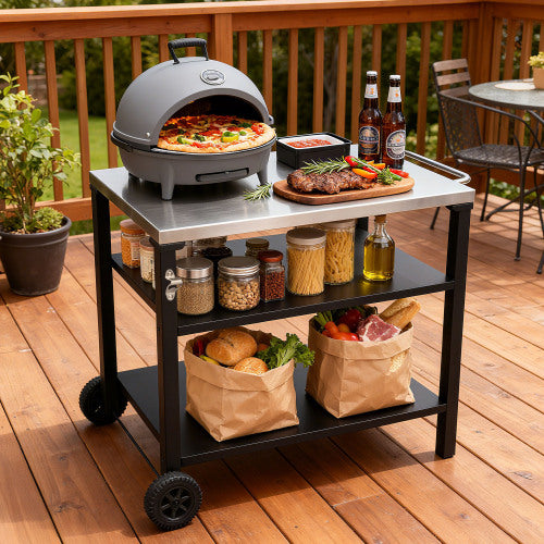 VANECL 3-Tier Outdoor Grill Cart with Stainless Steel Top, Rolling BBQ Prep Table with Lockable Wheels, Multifunctional Pizza Oven Stand Serving Bar Cart for Patio Backyard Outdoor Cooking, Black
