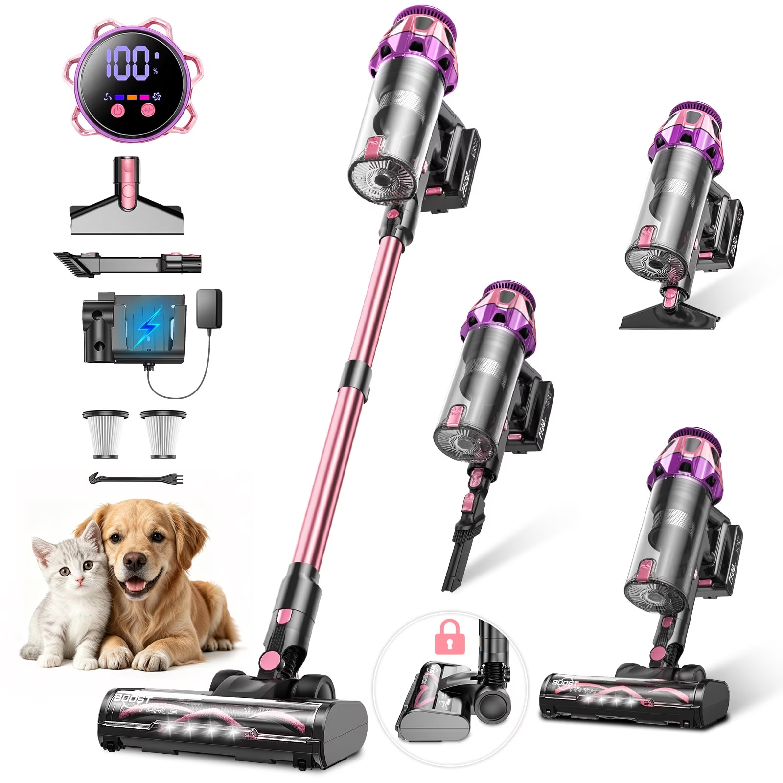 SUXIANGVAC Cordless Vacuum Cleaner, 600W/55KPA Vacuum Cleaners for Home, 55Mins Stick Vacuum, Anti-Tangle & 1.8L Large Dust Cup, Lightweight Vacuum for Hard Floors Carpet Pet Hair, Purple Pink