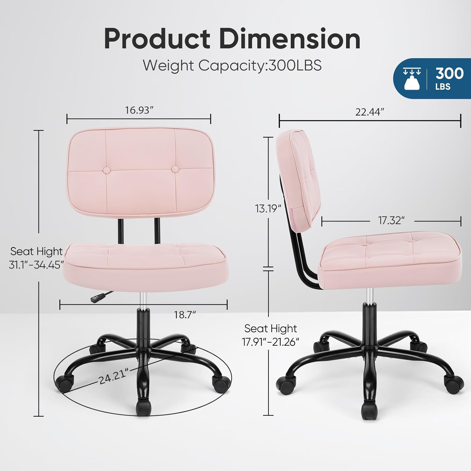 VANECL Armless PU Leather Rolling Office Chair, Thick Cushion Ergonomic Desk Chair for Small Space, Supports Up to 350 LBS
