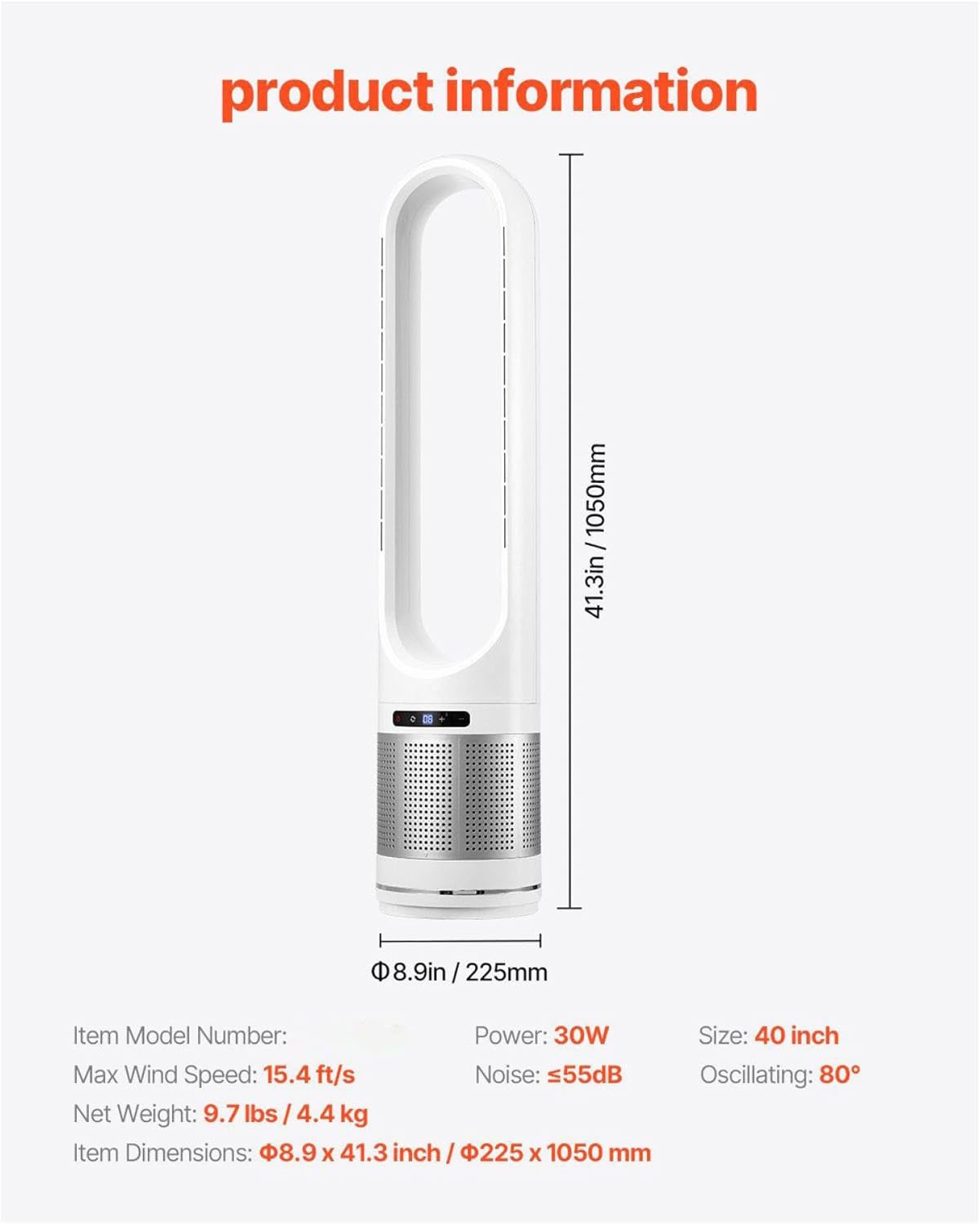 VANECL 41 Inch Bladeless Tower Fan with Built-In Air Filter, 80° Oscillation 8-Speed Cooling Fan with Remote, 8H Timer & LED Display for Bedroom