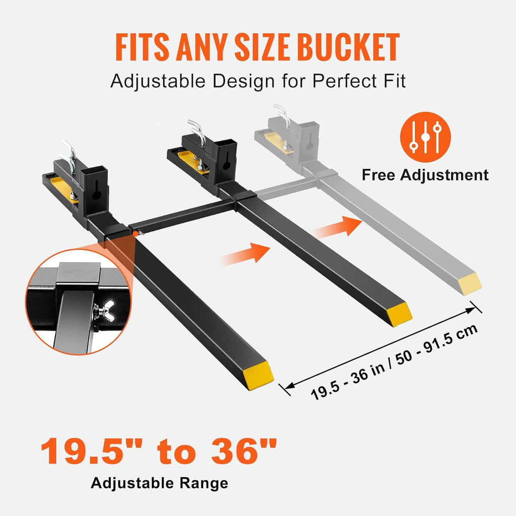 VANECL 43 Inch Clamp-On Tractor Pallet Forks with Adjustable Stabilizer Bar, Heavy Duty Bucket Fork Attachment Max 2000 LBS Load Capacity