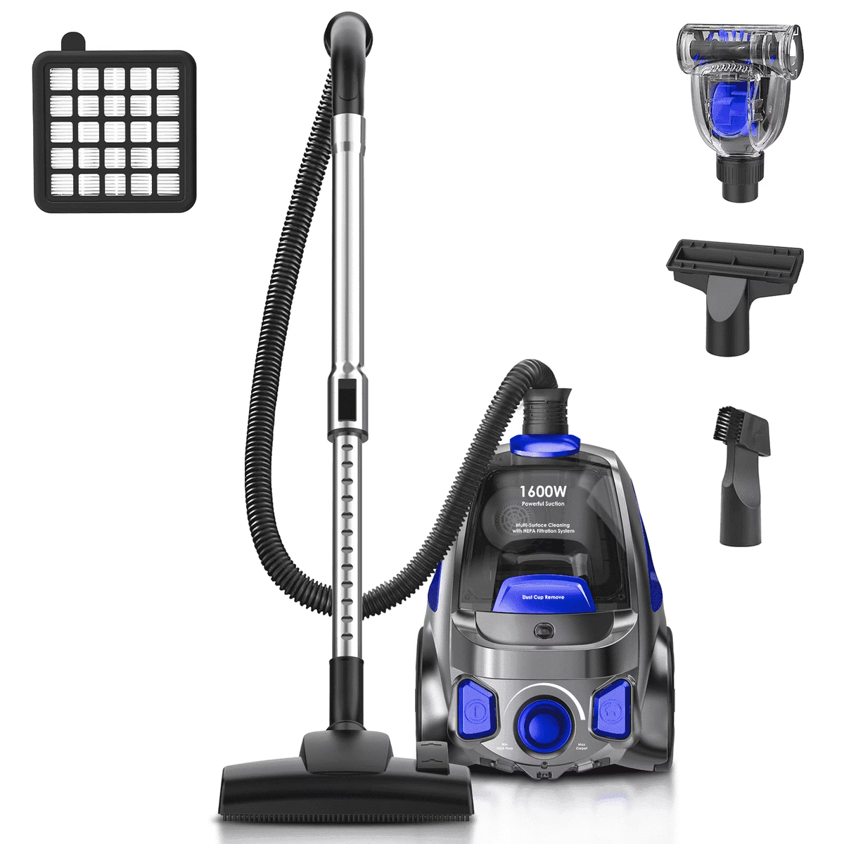 SUXIANGVAC Canister Vacuum Cleaner, 32Kpa 1600W Bagless Vacuum Cleaner, Dust Full Indicator, H13 HEPA Filter, 3.7Qt Large Capacity, Lightweight Vac for Hard Floors, Carpet, Pet, Upholstery, Blue