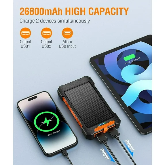 JIUMESS 26800mAh Solar Power Bank, USB Portable Solar Charger Compatible for iPhone, Android Phone