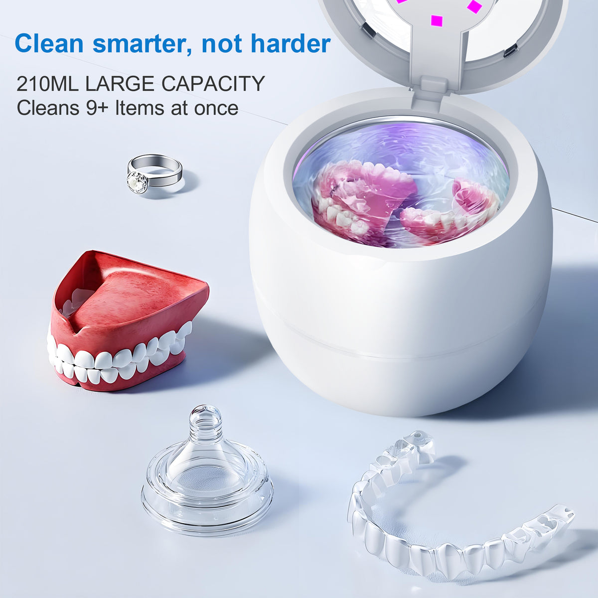 VANECL Ultrasonic Retainer Cleaner Machine,45kHz Portable Denture Cleaner with 4 Modes,210ml Digital Timer and 6 UVC for Denture Aligner,Toothbrush head,Braces,Jewelry