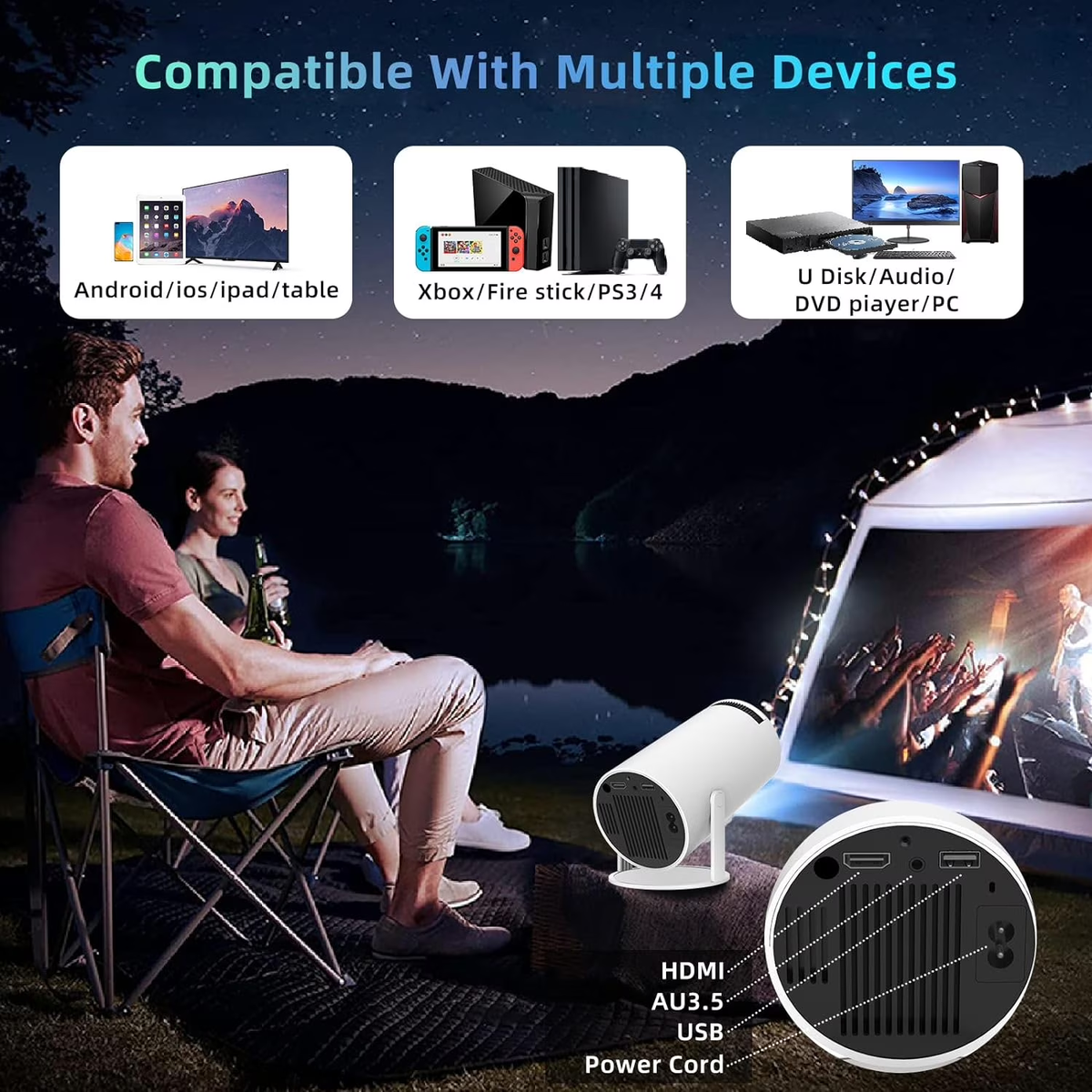Vanelc Mini Projector with WiFi and Bluetooth,4K 1080P Supported,Outdoor Movie Projector