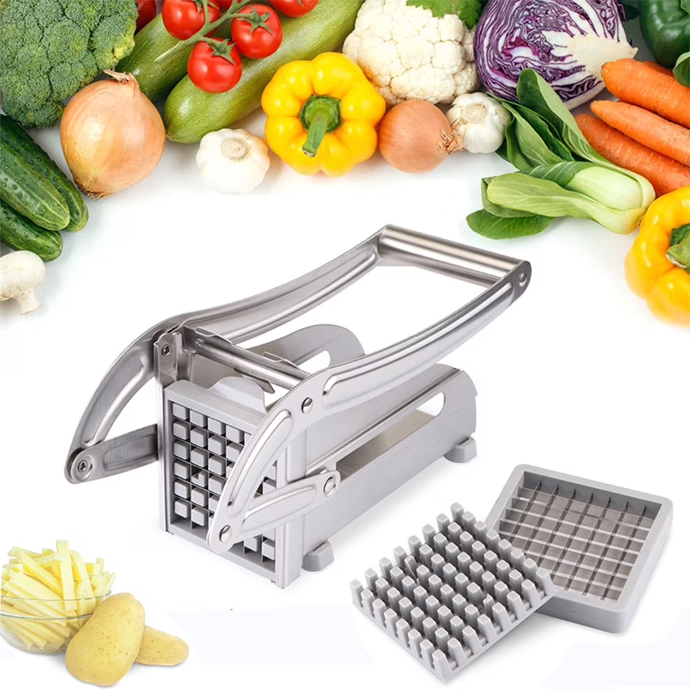WANDOBAO French Fry Cutter Stainless Steel Potato Slicer, Food Grade Potato Cutter with No-Slip Base & 2 Blades for Potato Vegetable Radish Cucumber Onion
