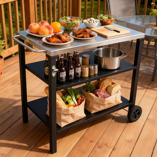 VANECL 3-Tier Outdoor Grill Cart with Stainless Steel Top, Rolling BBQ Prep Table with Lockable Wheels, Multifunctional Pizza Oven Stand Serving Bar Cart for Patio Backyard Outdoor Cooking, Black