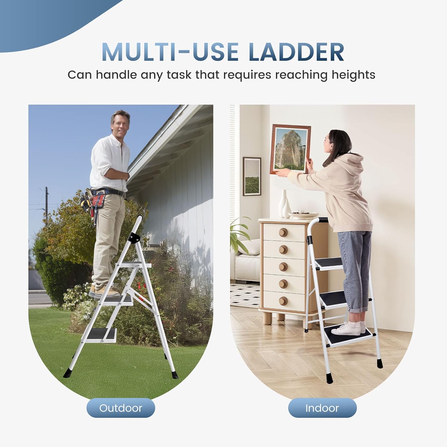 VANECL 3-Step Folding Steel Step Ladder with Auto-Lock Safety Buckle, Anti-Slip Portable Household Step Stool Max 330LBS