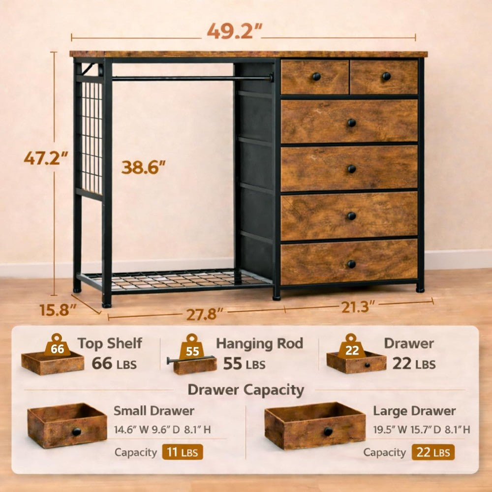 VANECL Fabric Storage Locker with Wooden Top, LED Light & Built-in Charging Station, 6-Drawer Clothing Organizer with Hanging Rod & Side Mesh Pockets