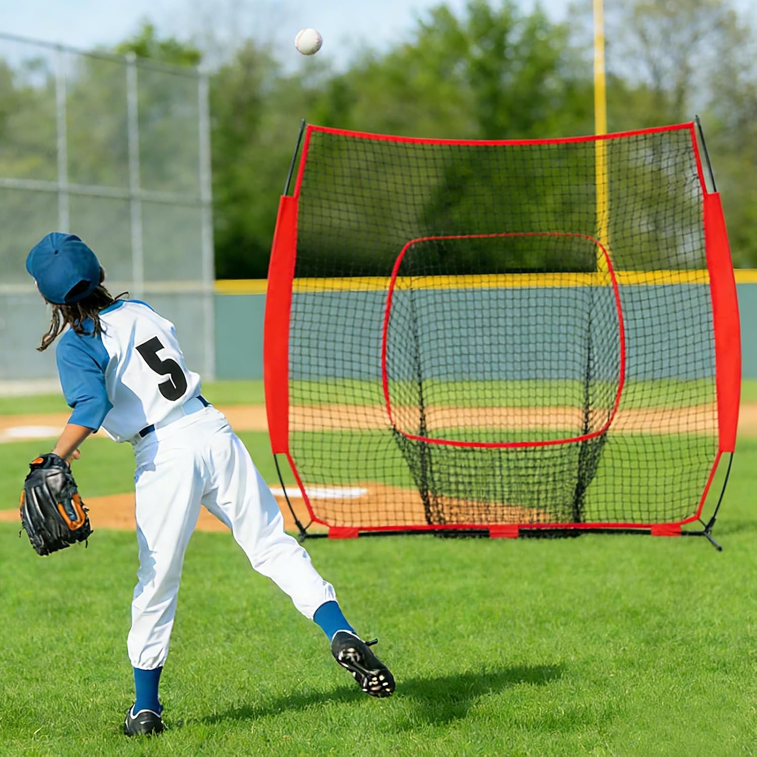 VANECL 7FT×7FT B0w Frame Baseball Softball Practice Net with Strike Zone Target & Carry Bag for Hitting and Pitching Training