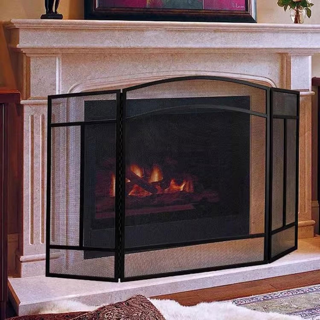 VANECL 3-Panel Foldable Forged Iron Fireplace Screen, Black Metal Spark Guard Mesh Fire Screen for Home Living Room Decor & Flame Protection