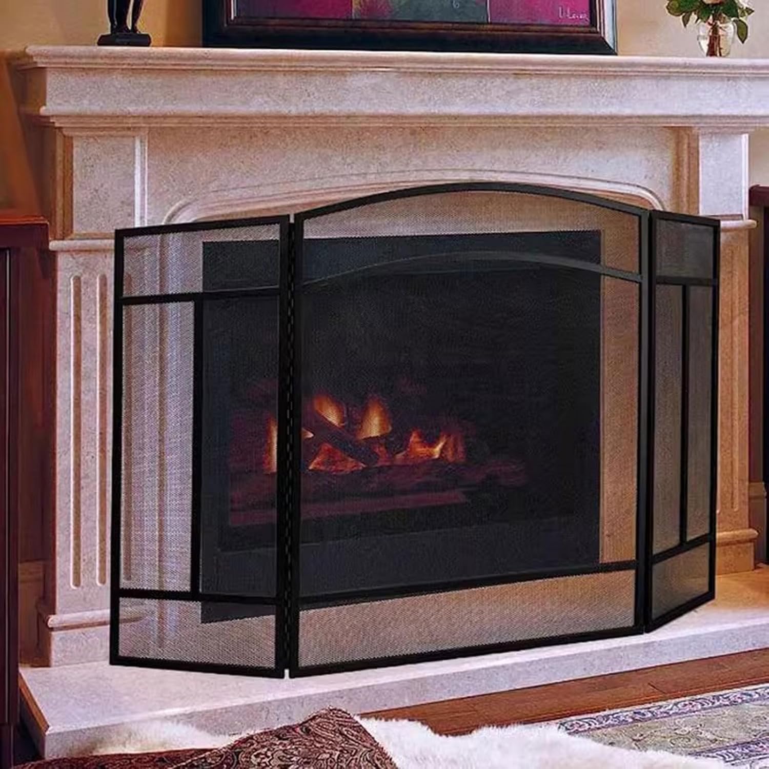 VANECL 3-Panel Foldable Forged Iron Fireplace Screen, Black Metal Spark Guard Mesh Fire Screen for Home Living Room Decor & Flame Protection
