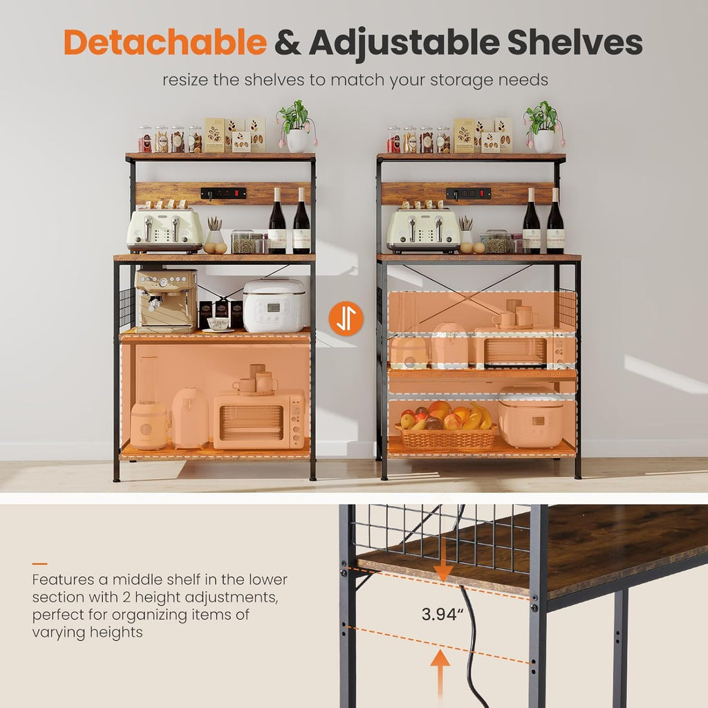 VANECL Kitchen Baker’s Rack with Built-In Power Outlet, Adjustable Open Storage Shelves Wood & Metal Coffee Bar Station