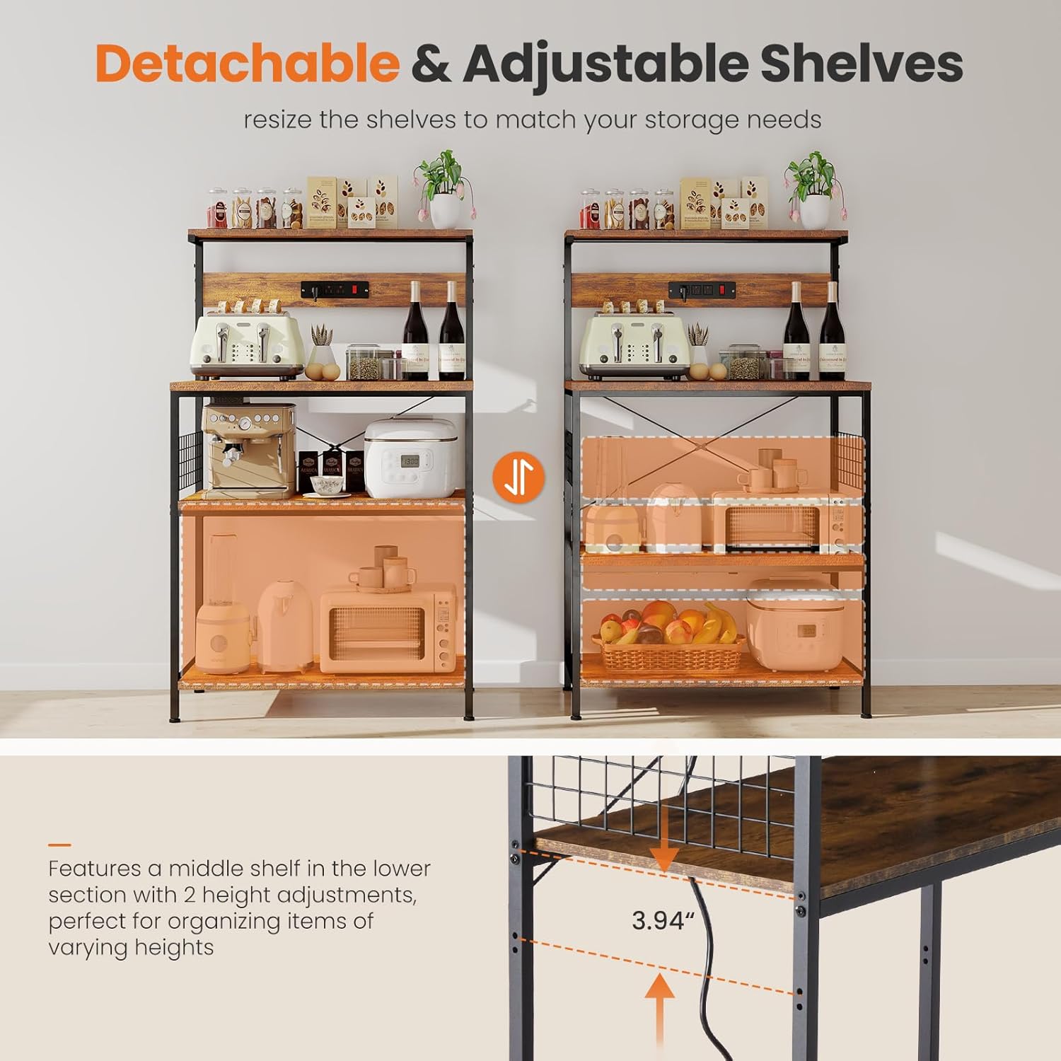 VANECL Kitchen Baker’s Rack with Built-In Power Outlet, Adjustable Open Storage Shelves Wood & Metal Coffee Bar Station