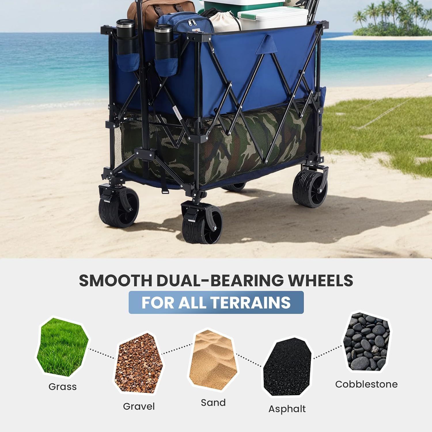 VANECL Double Deck Foldable Utility Wagon Cart with Brake, Max 440LBS Load & 320L Large Capacity