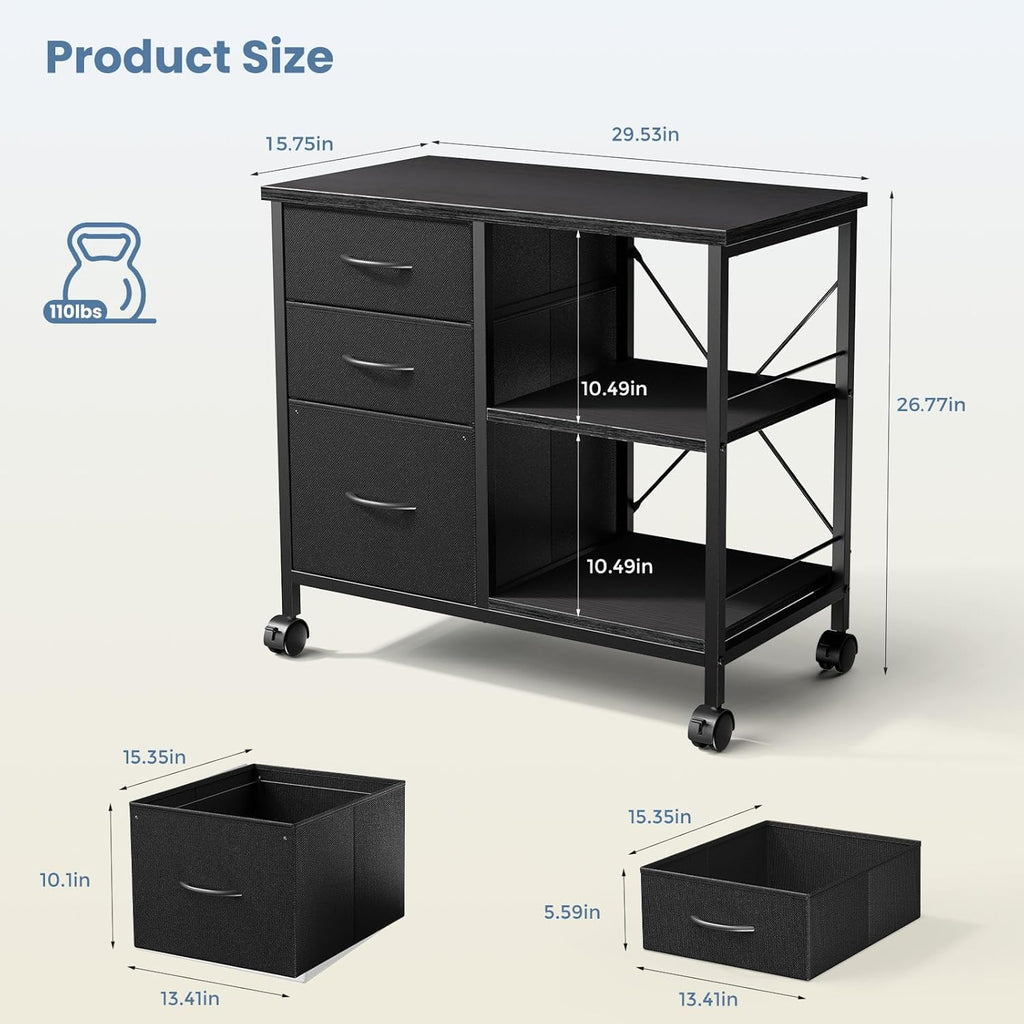VANECL 3-Tier Rolling Printer Stand with Storage Drawers, Mobile Office File Cabinet with Reinforced Back Support Bar