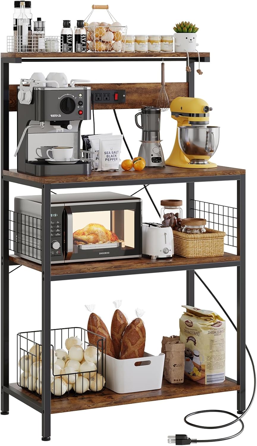 VANECL Kitchen Baker’s Rack with Built-In Power Outlet, Adjustable Open Storage Shelves Wood & Metal Coffee Bar Station