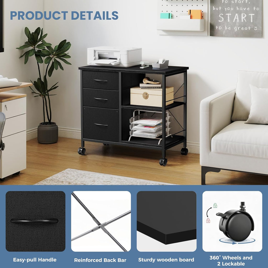 VANECL 3-Tier Rolling Printer Stand with Storage Drawers, Mobile Office File Cabinet with Reinforced Back Support Bar