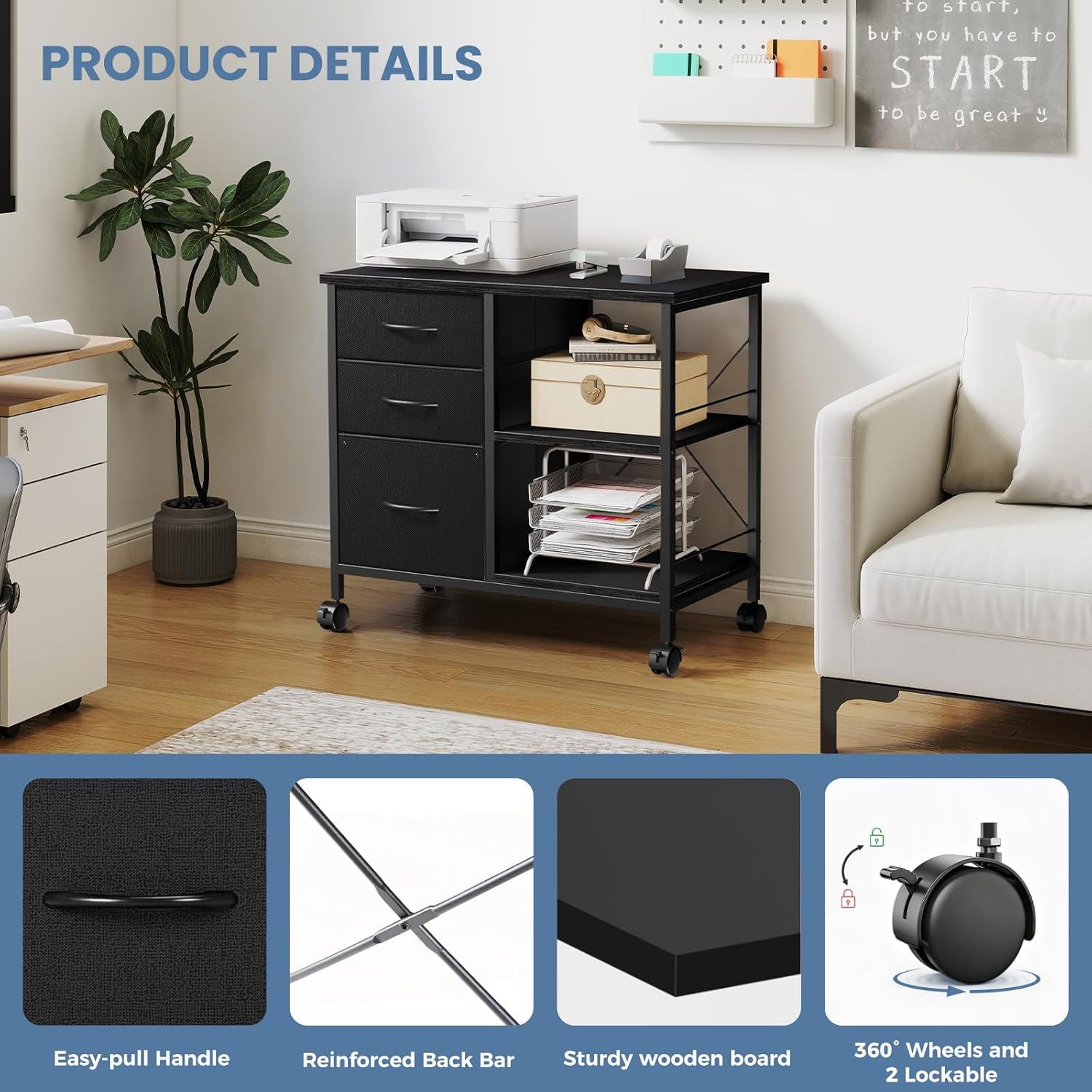 VANECL 3-Tier Rolling Printer Stand with Storage Drawers, Mobile Office File Cabinet with Reinforced Back Support Bar