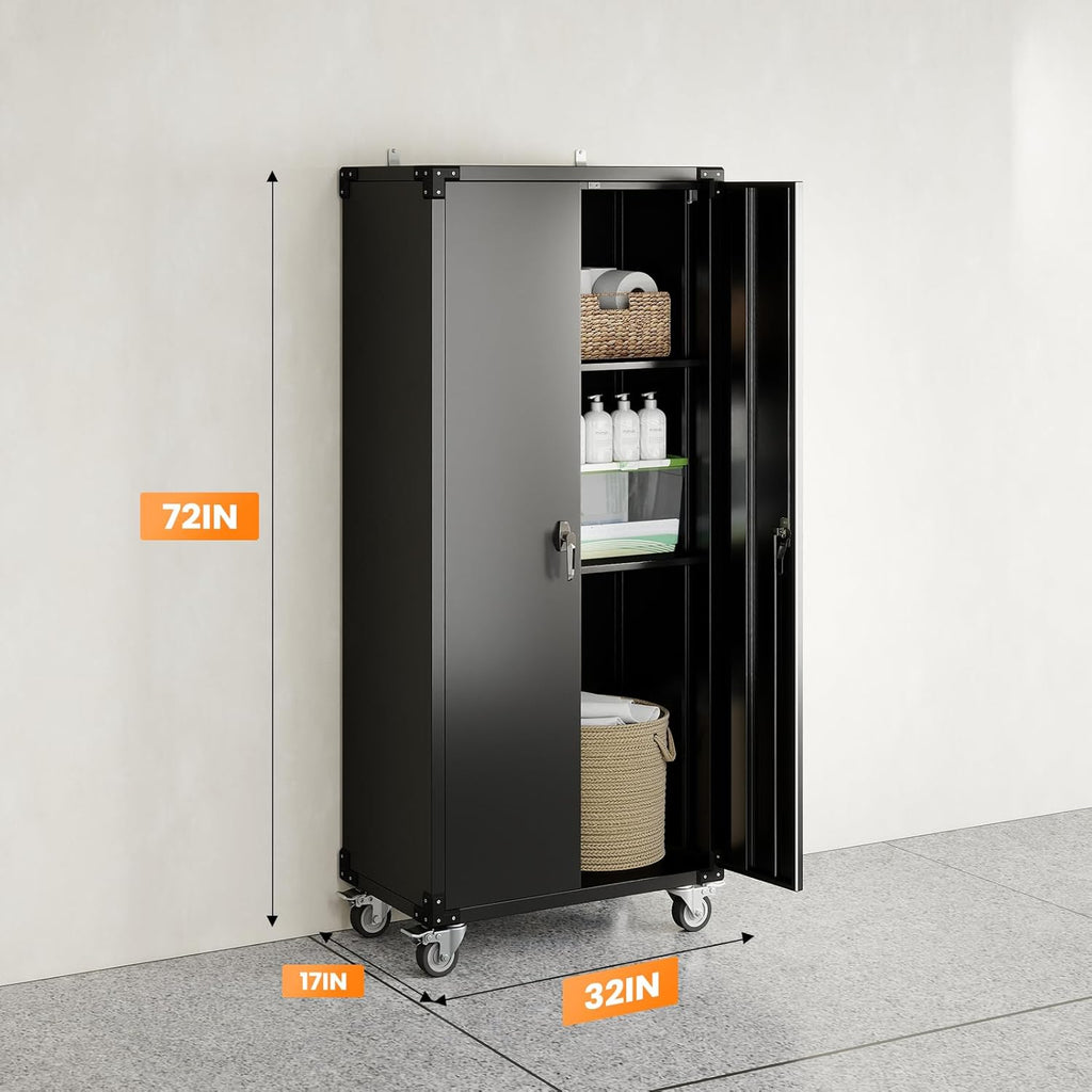 VANECL 72"H Black Rolling Metal Storage Cabinet with Lockable Door, Adjustable Shelves & Removable Casters for Garage Office Warehouse
