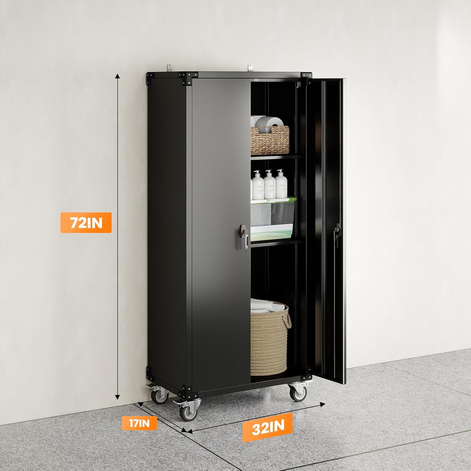 VANECL 72"H Black Rolling Metal Storage Cabinet with Lockable Door, Adjustable Shelves & Removable Casters for Garage Office Warehouse
