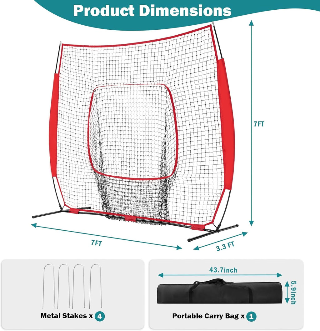 VANECL 7FT×7FT B0w Frame Baseball Softball Practice Net with Strike Zone Target & Carry Bag for Hitting and Pitching Training