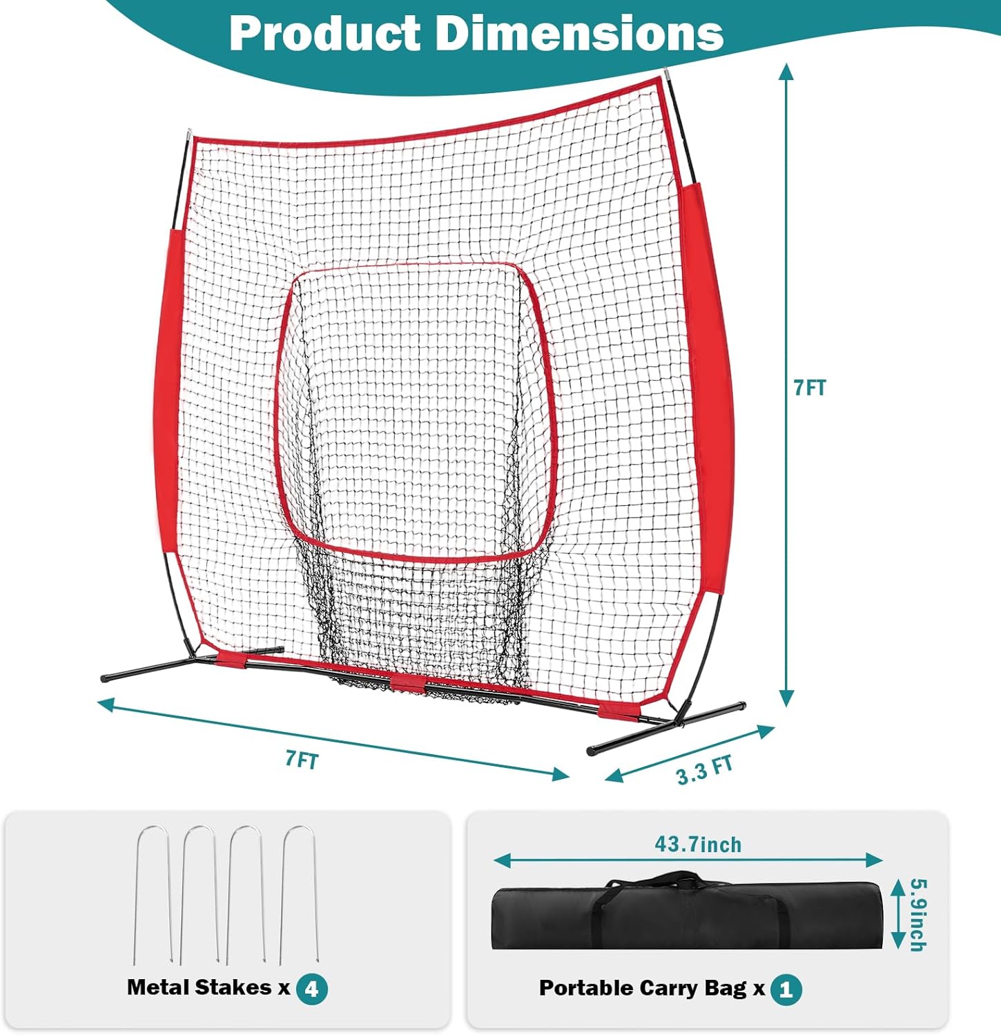 VANECL 7FT×7FT B0w Frame Baseball Softball Practice Net with Strike Zone Target & Carry Bag for Hitting and Pitching Training
