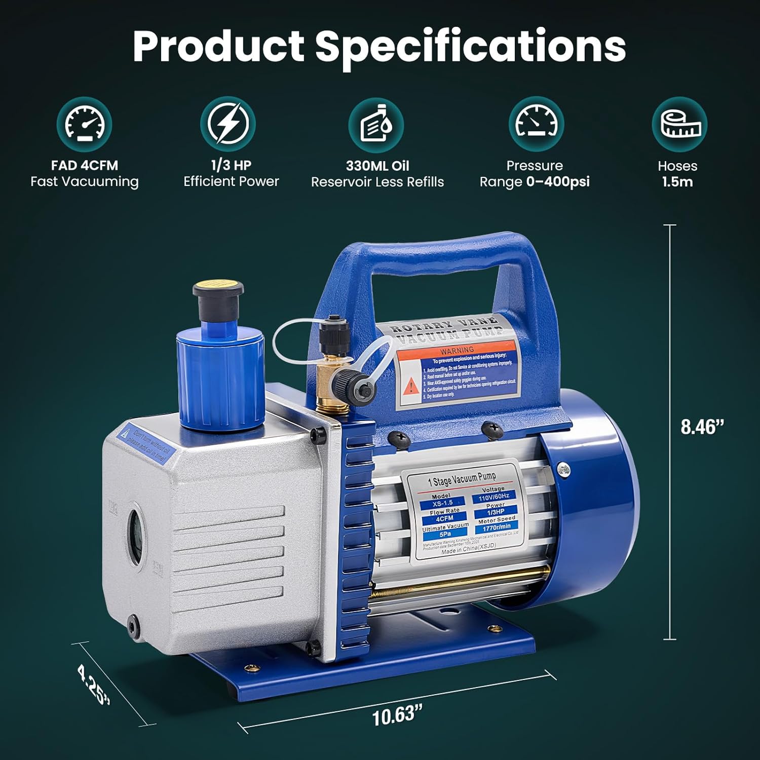 VANECL 110V 1/3HP 4CFM Vacuum Pump Kit with R134a Manifold Gauge and Refrigerant Leak Detector, Full HVAC AC Service Set