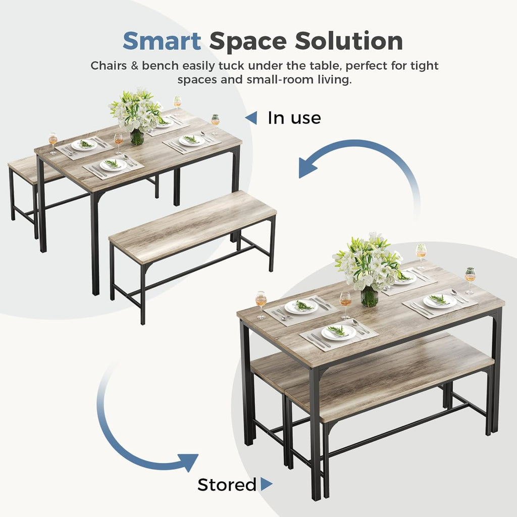 VANECL 4 Person Dining Table Set with Benches, Solid Hardwood Compact Kitchen Dining Set for Small Space Home Dining Room