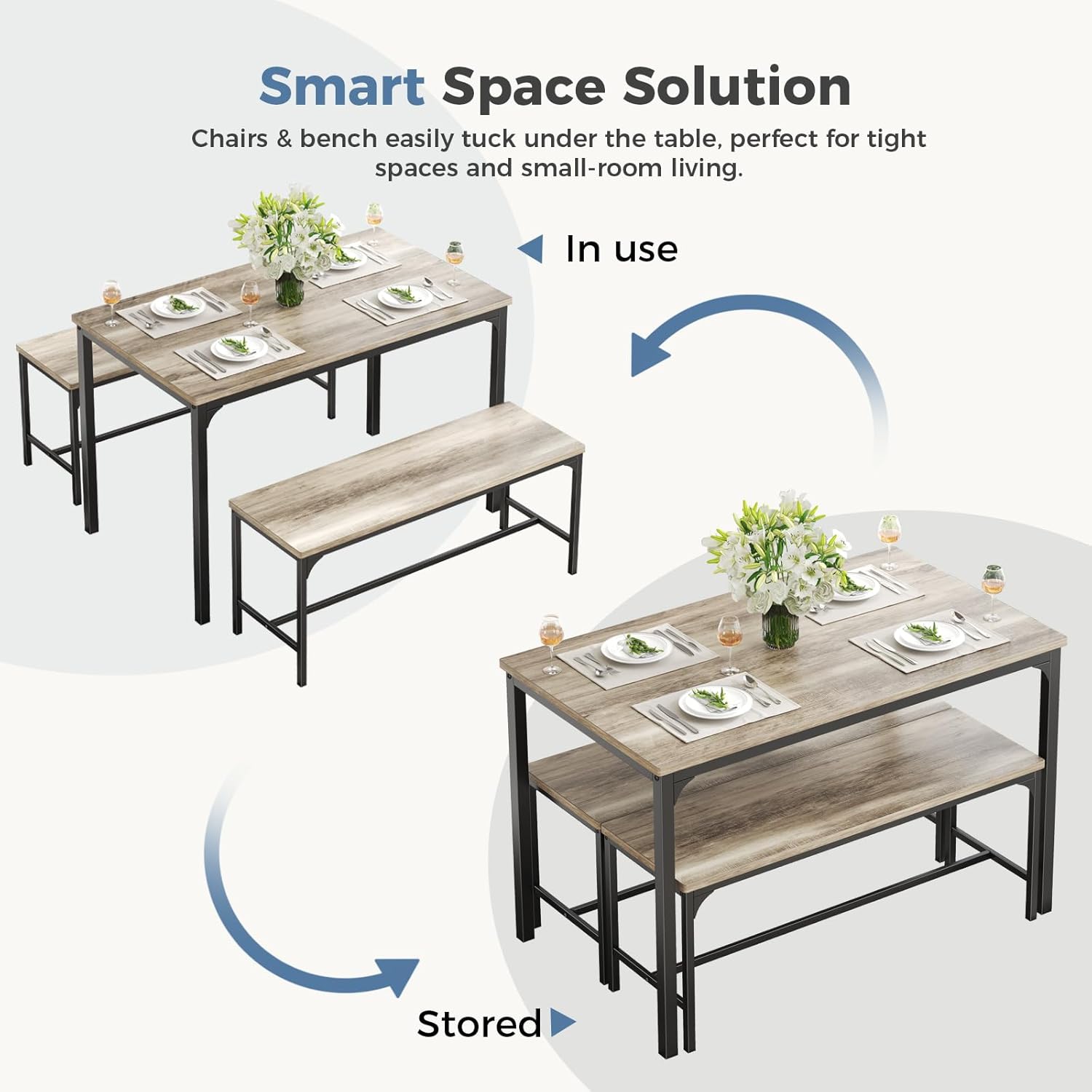 VANECL 4 Person Dining Table Set with Benches, Solid Hardwood Compact Kitchen Dining Set for Small Space Home Dining Room